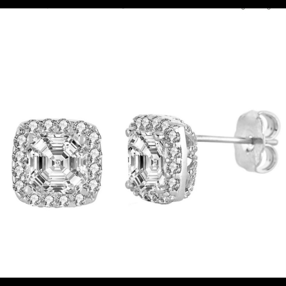 CZ Halo Square Stud Earrings Genevive